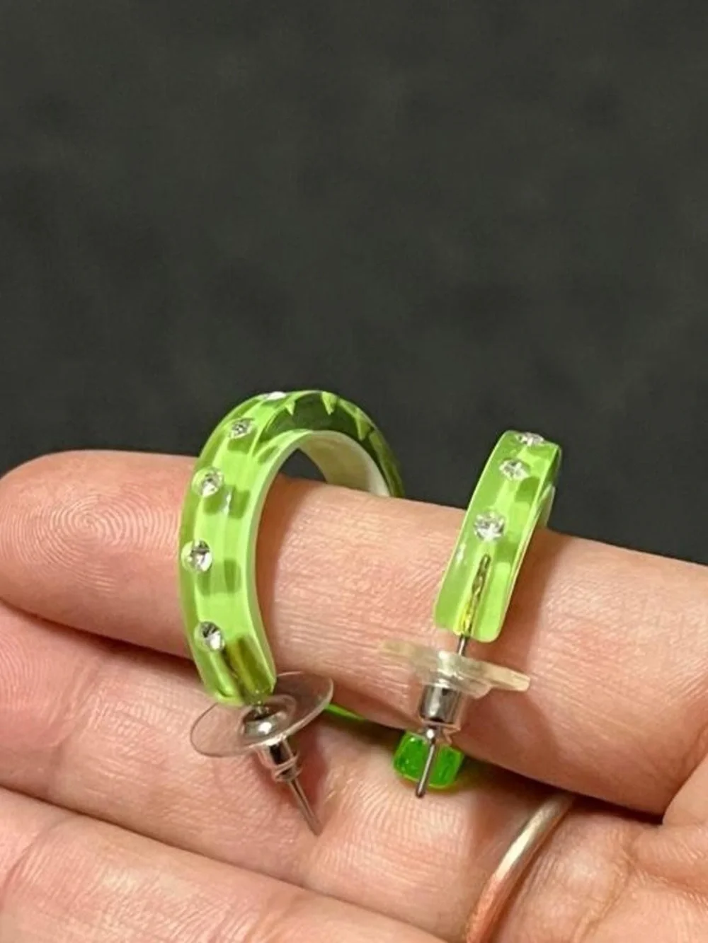 Neon Lime Hoop Earrings with Rhinestones